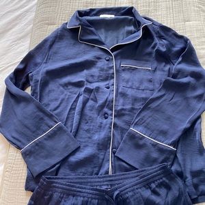 Blue silky long sleeve and pants pajamas